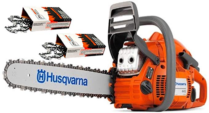 Husqvarna 445 Cutting Kit. Includes a 445 18-Inch 45.7cc 2-Stroke Gas Powered Chain Saw and 2 WoodlandPRO replacement Chains