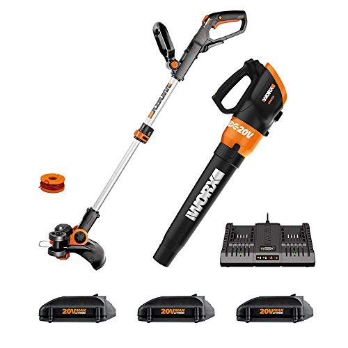 Worx WG921.1 Cordless 20V 12” Trimmer and Turbine 20V Cordless Blower; 3 20V Batteries, and 2-hr Dual Charger Included