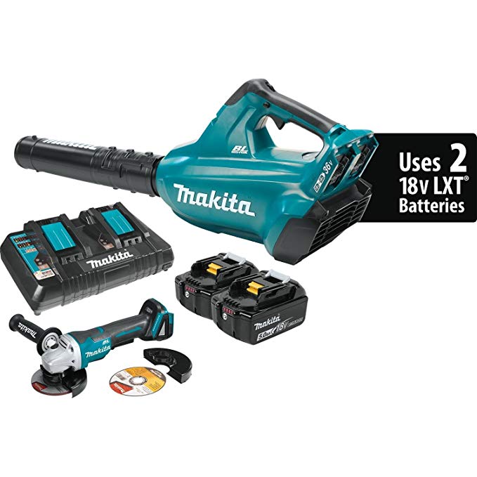 Makita XBU02PTX1 18V X2 (36V) LXT Lithium-Ion Brushless Cordless Blower Kit (5.0Ah) and Brushless Angle Grinder